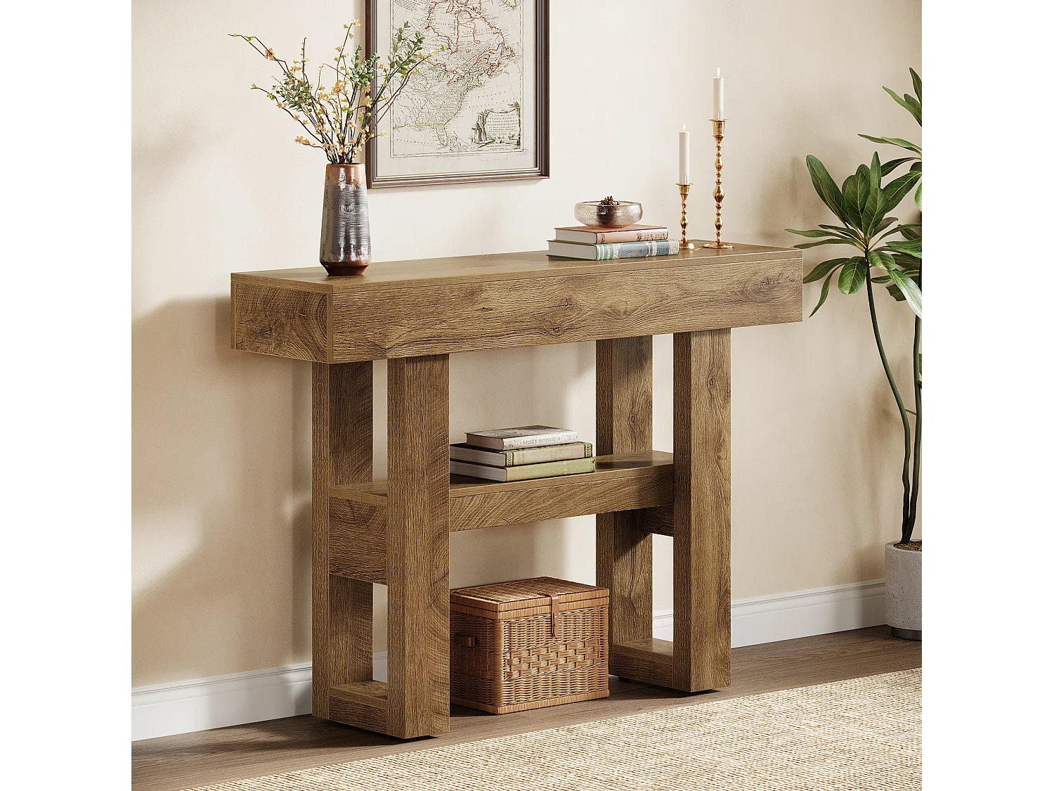 Console de 105 cm, table d'entrée rustique avec rangement à 2 niveaux, meuble étroit pour hall d'entrée, salon, couloir