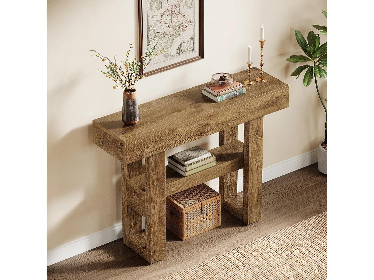 Console de 105 cm, table d'entrée rustique avec rangement à 2 niveaux, meuble étroit pour hall d'entrée, salon, couloir