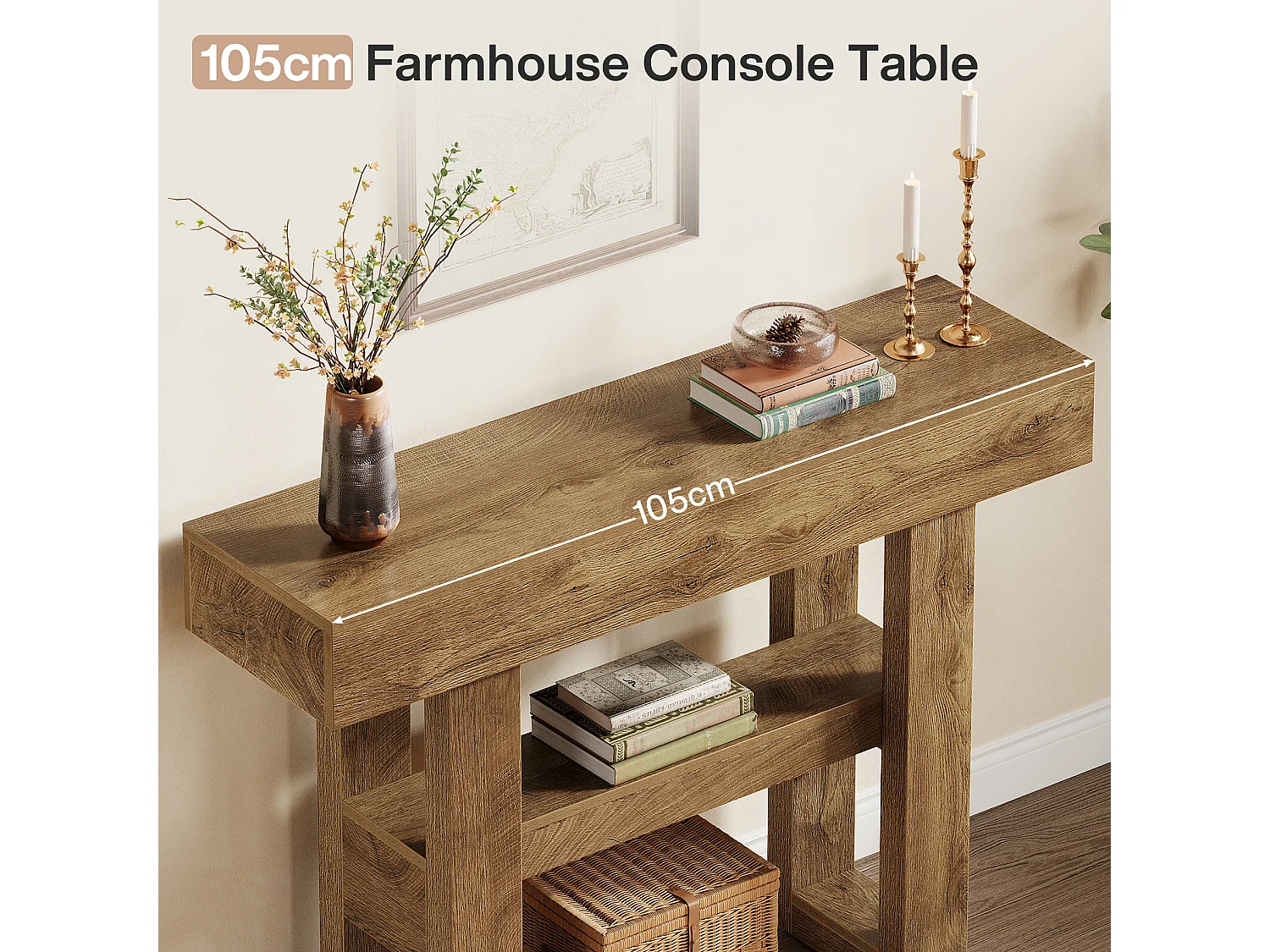Console de 105 cm, table d'entrée rustique avec rangement à 2 niveaux, meuble étroit pour hall d'entrée, salon, couloir