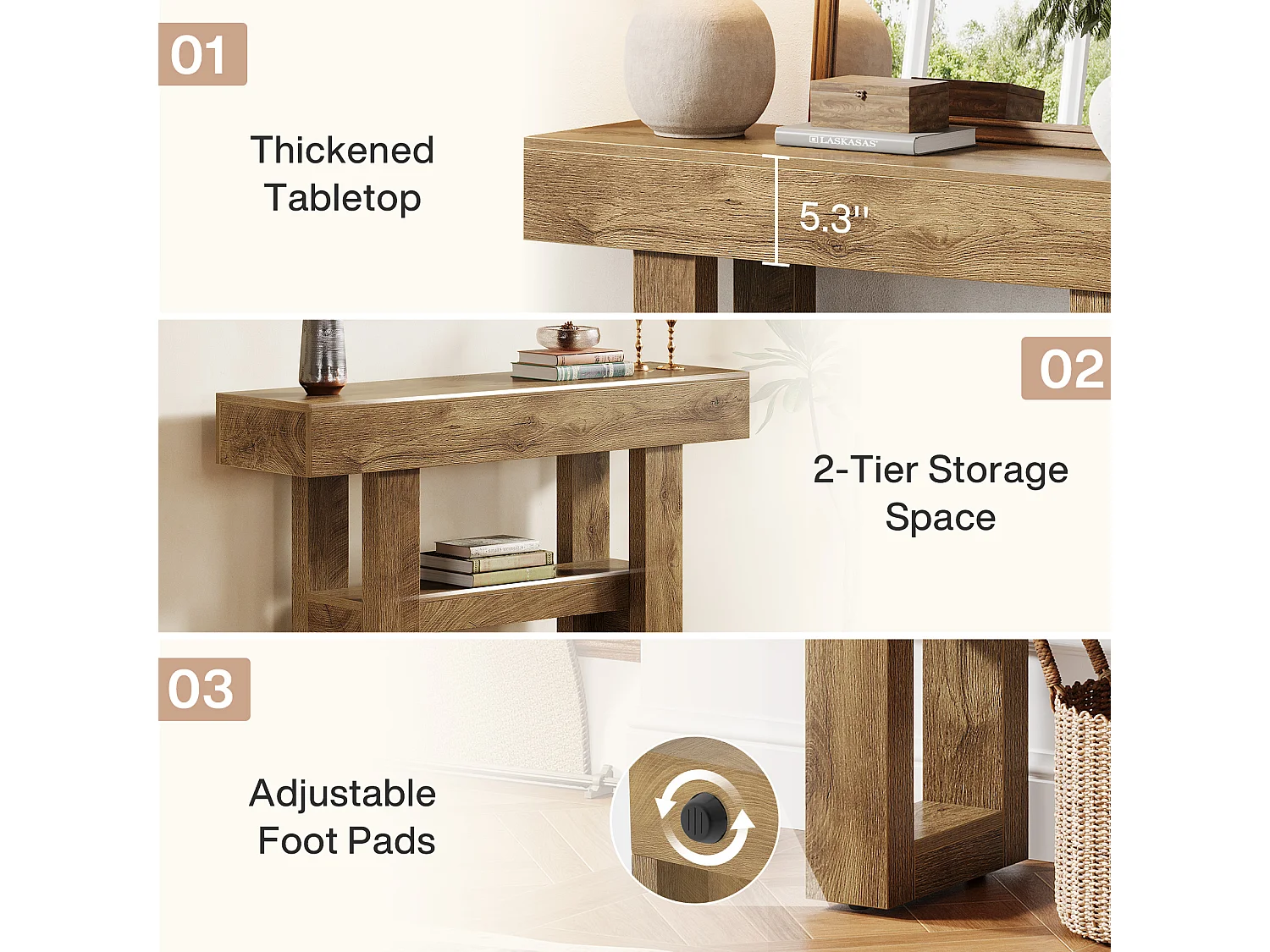 Console de 105 cm, table d'entrée rustique avec rangement à 2 niveaux, meuble étroit pour hall d'entrée, salon, couloir
