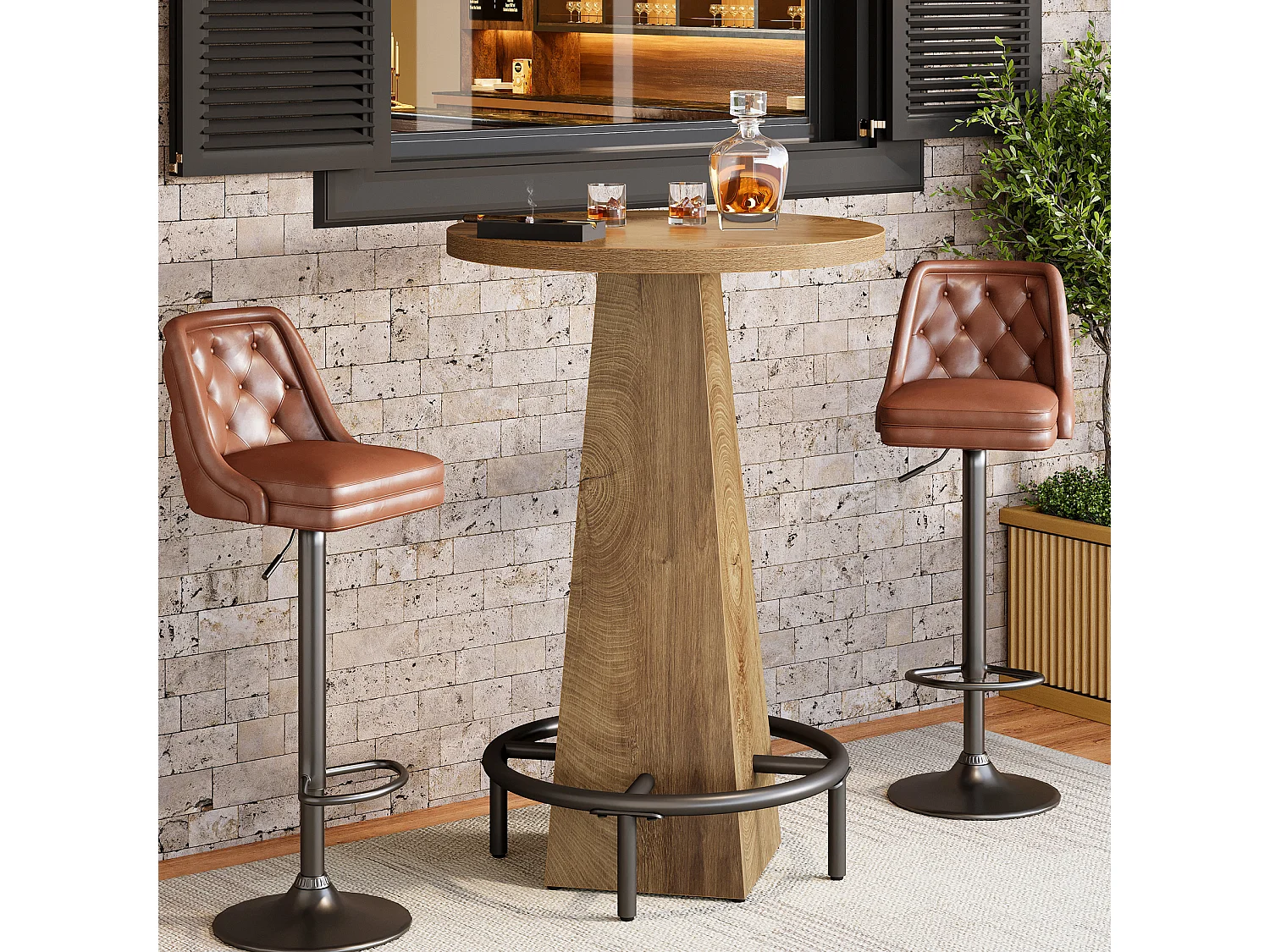 Table de bar ronde de 95 cm de haut avec repose-pieds, table de bar haute ronde compacte avec repose-pieds en métal