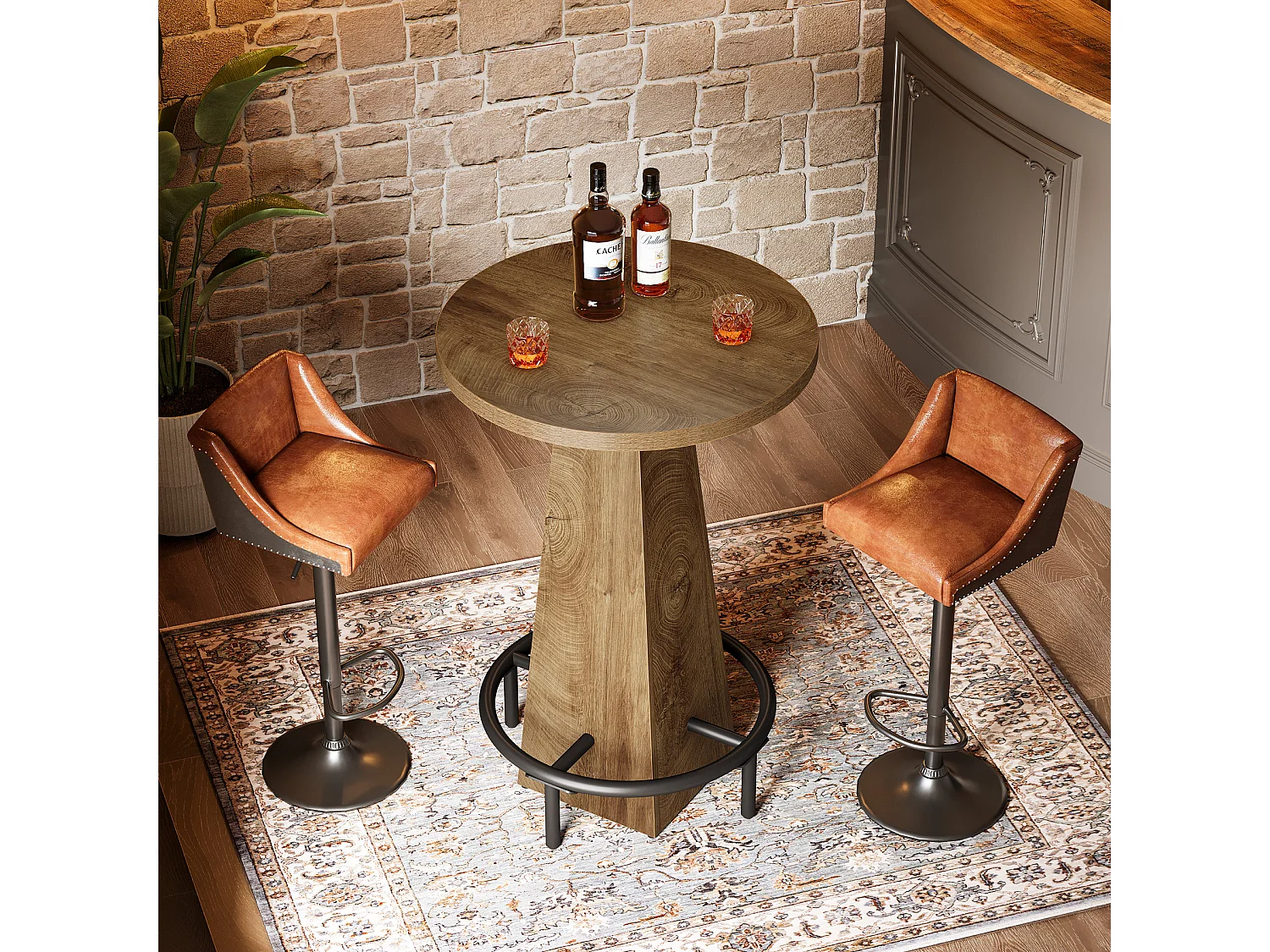 Table de bar ronde de 95 cm de haut avec repose-pieds, table de bar haute ronde compacte avec repose-pieds en métal