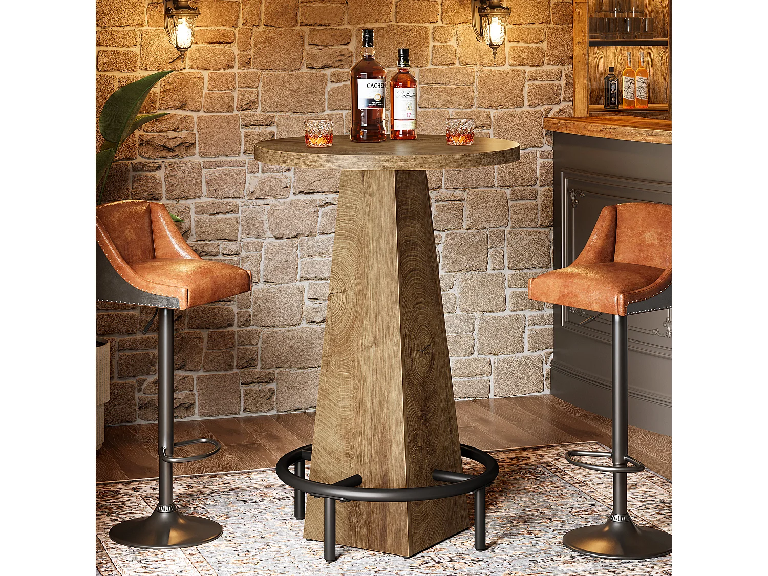 Table de bar ronde de 95 cm de haut avec repose-pieds, table de bar haute ronde compacte avec repose-pieds en métal