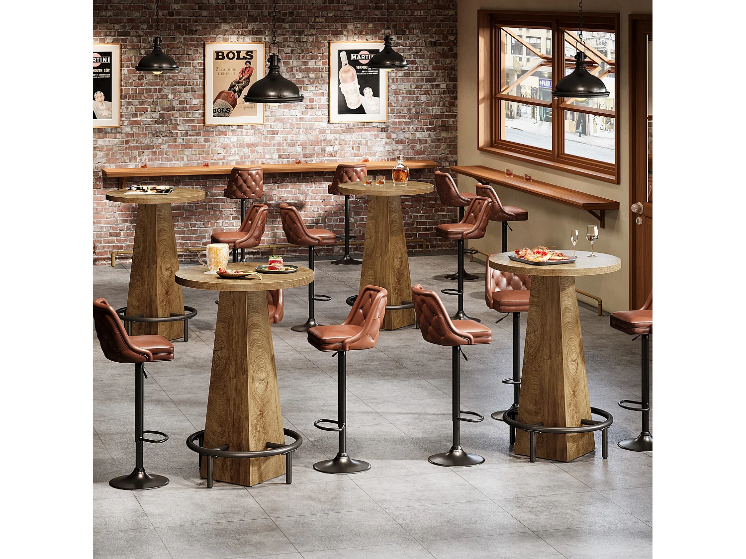 Table de bar ronde de 95 cm de haut avec repose-pieds, table de bar haute ronde compacte avec repose-pieds en métal