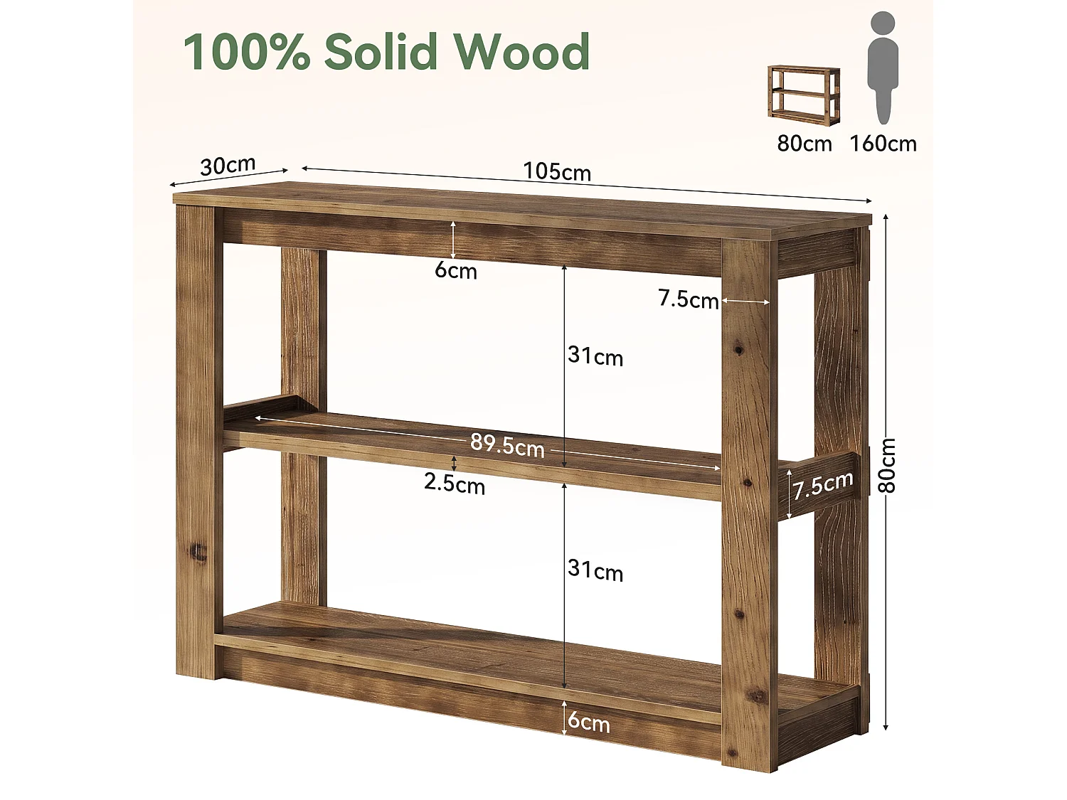 Console en bois massif, petite table d'entrée de 105 cm avec rangement, table rectangulaire à placer derrière un canapé avec 3 étagères