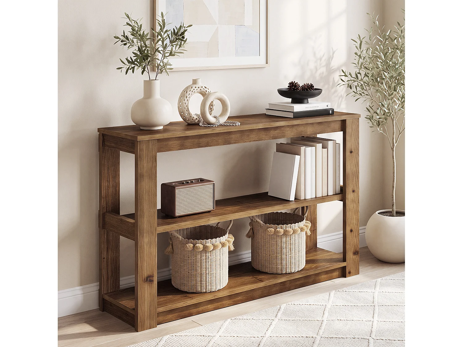 Console en bois massif, petite table d'entrée de 105 cm avec rangement, table rectangulaire à placer derrière un canapé avec 3 étagères