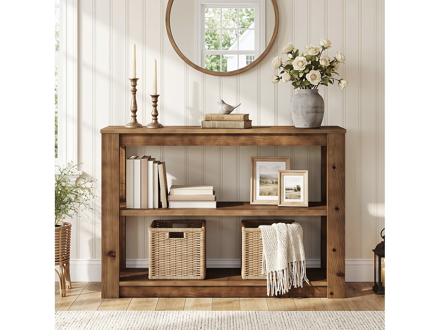 Console en bois massif, petite table d'entrée de 105 cm avec rangement, table rectangulaire à placer derrière un canapé avec 3 étagères