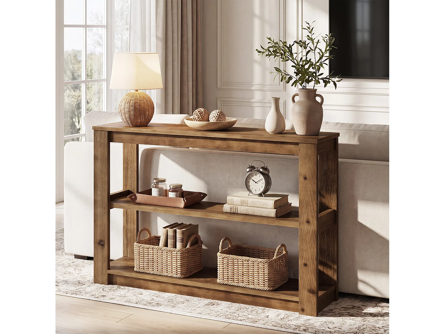 Console en bois massif, petite table d'entrée de 105 cm avec rangement, table rectangulaire à placer derrière un canapé avec 3 étagères