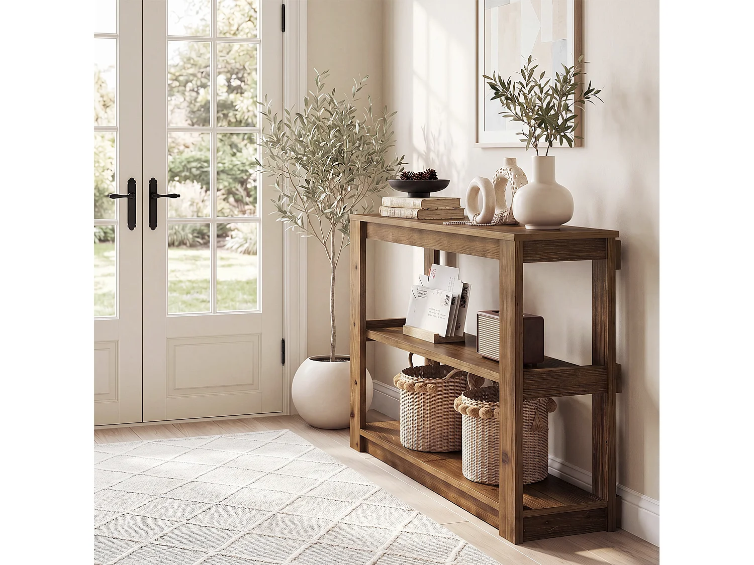 Console en bois massif, petite table d'entrée de 105 cm avec rangement, table rectangulaire à placer derrière un canapé avec 3 étagères