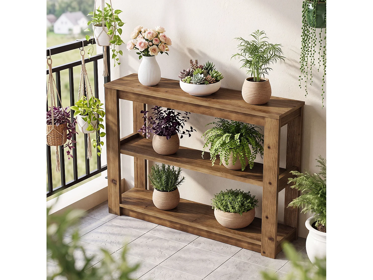 Console en bois massif, petite table d'entrée de 105 cm avec rangement, table rectangulaire à placer derrière un canapé avec 3 étagères