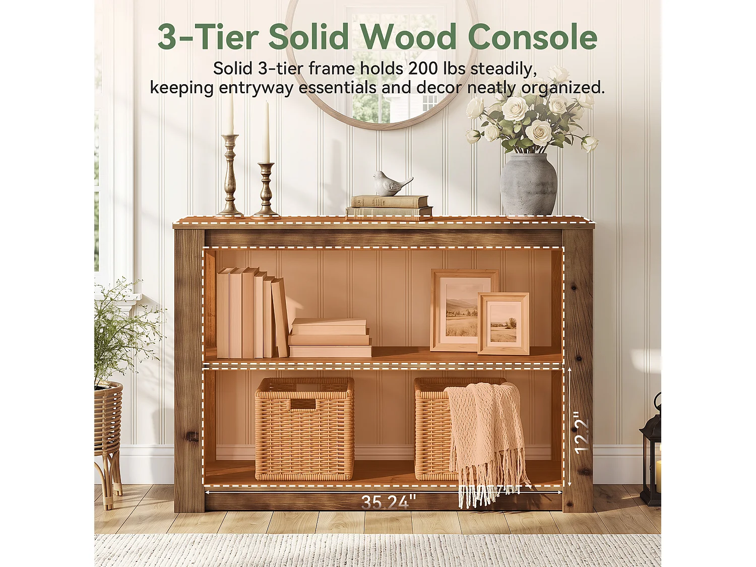 Console en bois massif, petite table d'entrée de 105 cm avec rangement, table rectangulaire à placer derrière un canapé avec 3 étagères
