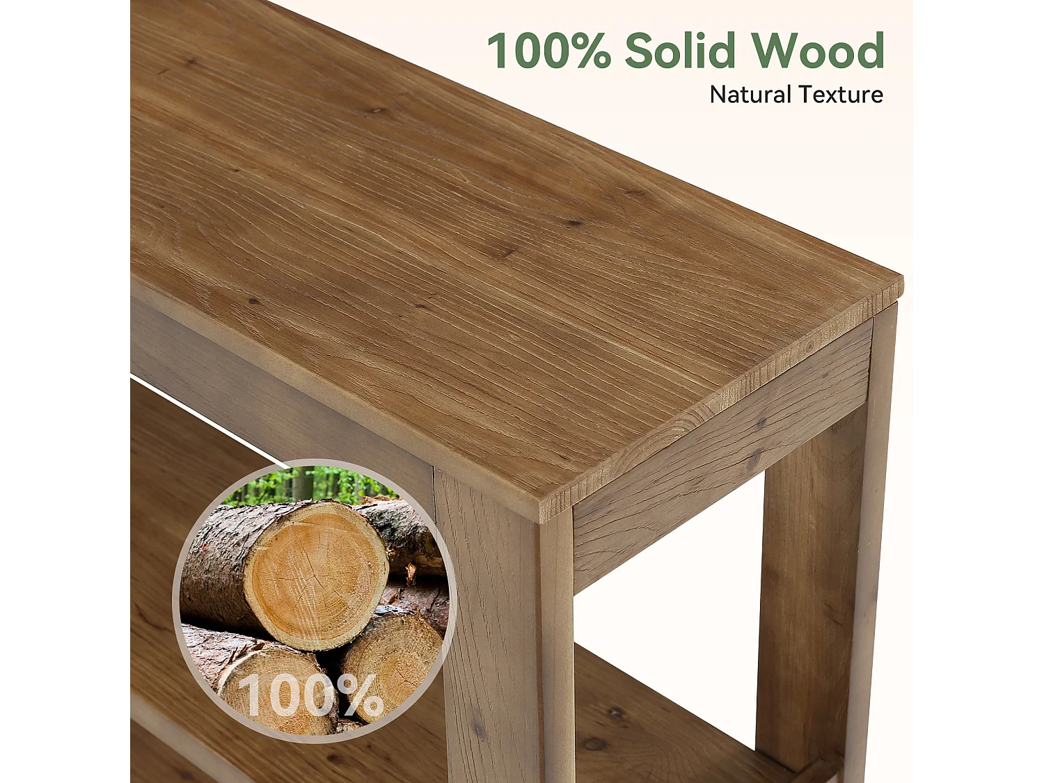 Console en bois massif, petite table d'entrée de 105 cm avec rangement, table rectangulaire à placer derrière un canapé avec 3 étagères