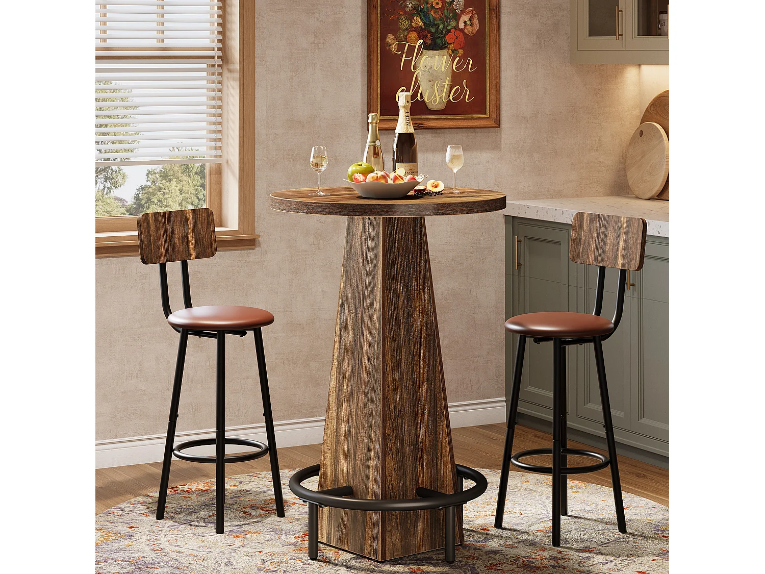 Table de bar ronde de 95 cm de haut, idéale pour les petits bars, salles à manger et cuisines Couleur marron rustique (table seule)