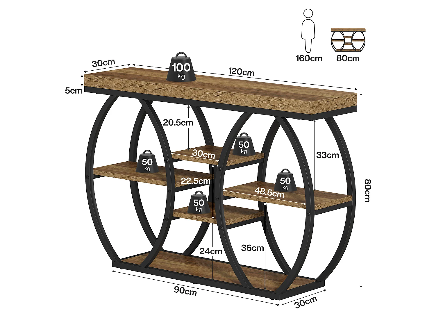 Console de style campagnard de 120 cm pour entrée, table basse industrielle étroite à 4 niveaux avec structure métallique incurvée artistique