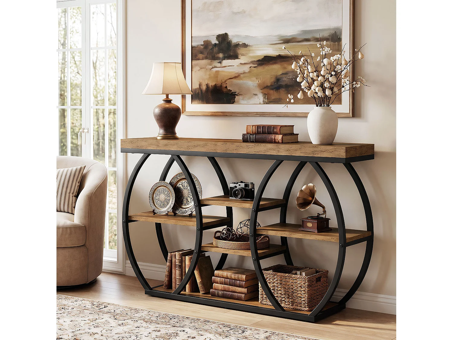 Console de style campagnard de 120 cm pour entrée, table basse industrielle étroite à 4 niveaux avec structure métallique incurvée artistique