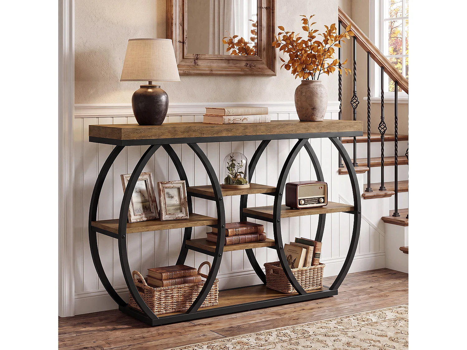 Console de style campagnard de 120 cm pour entrée, table basse industrielle étroite à 4 niveaux avec structure métallique incurvée artistique