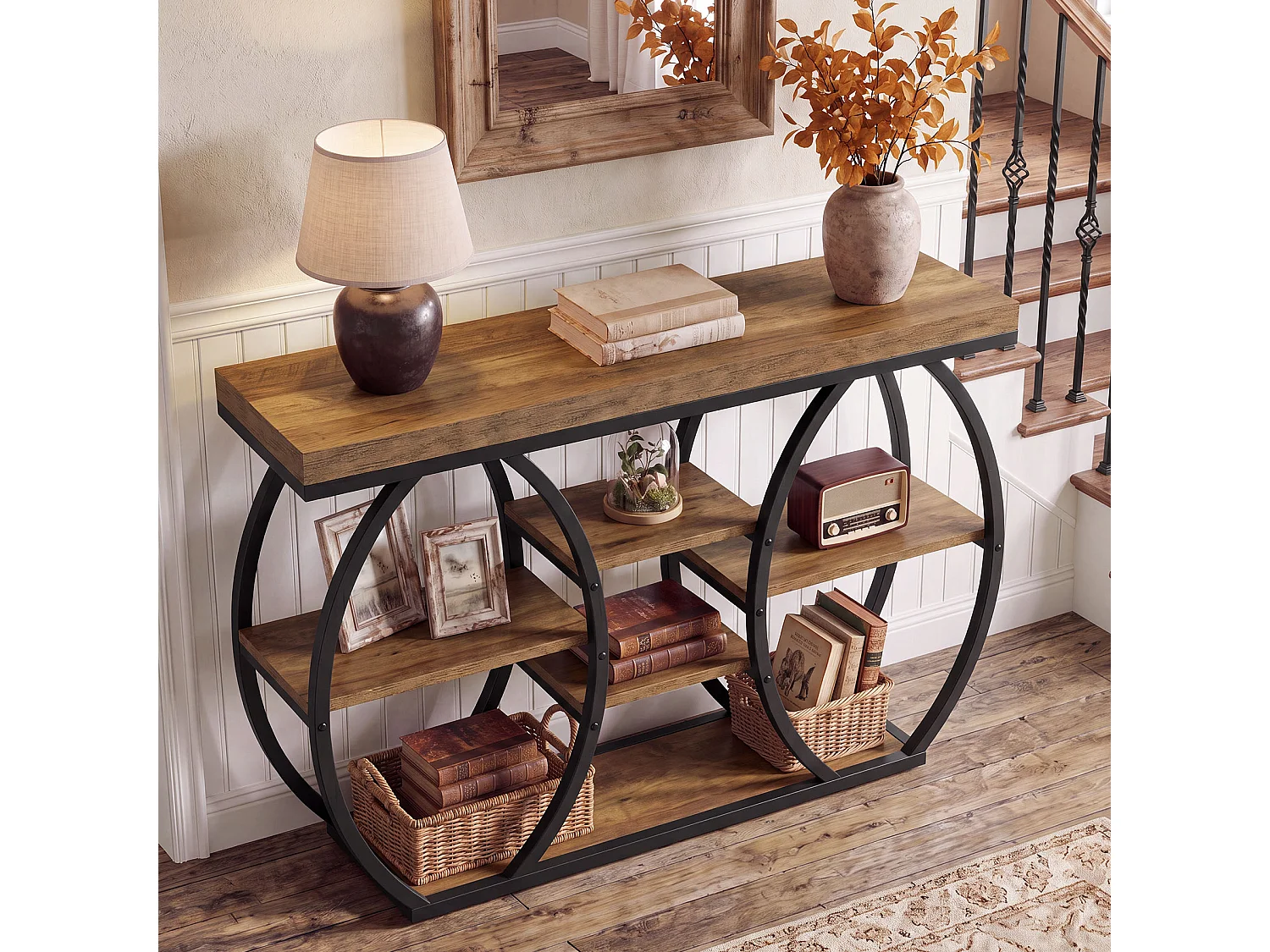Console de style campagnard de 120 cm pour entrée, table basse industrielle étroite à 4 niveaux avec structure métallique incurvée artistique