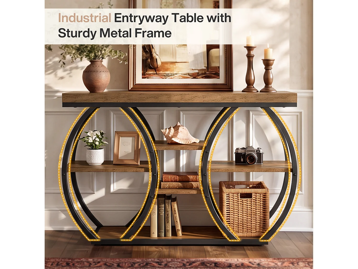 Console de style campagnard de 120 cm pour entrée, table basse industrielle étroite à 4 niveaux avec structure métallique incurvée artistique