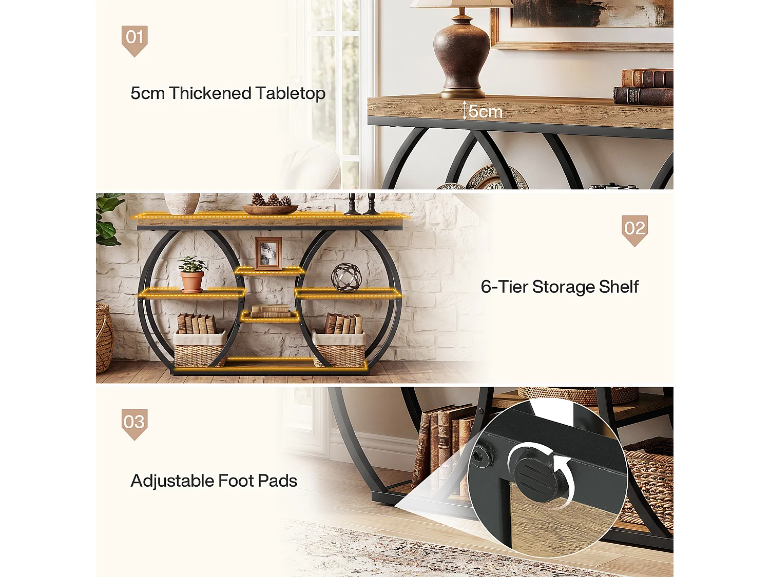Console de style campagnard de 120 cm pour entrée, table basse industrielle étroite à 4 niveaux avec structure métallique incurvée artistique