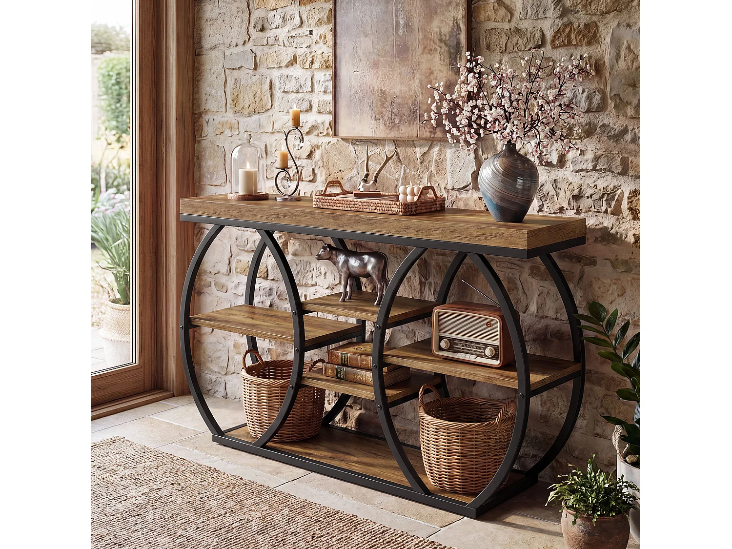 Console de style campagnard de 120 cm pour entrée, table basse industrielle étroite à 4 niveaux avec structure métallique incurvée artistique