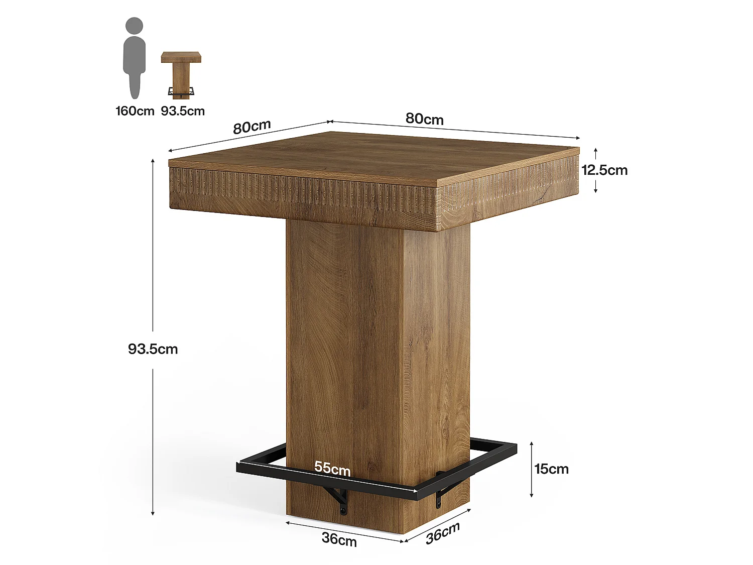 Table de bar carrée avec repose-pieds en métal, style industriel, haute table de bistrot/pub/cocktail