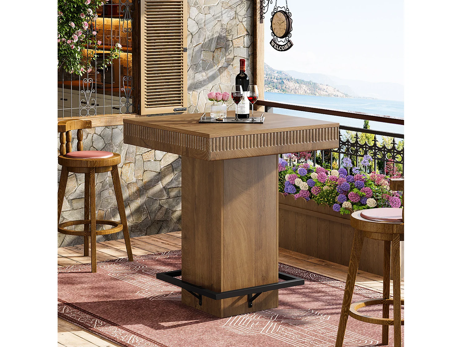 Table de bar carrée avec repose-pieds en métal, style industriel, haute table de bistrot/pub/cocktail