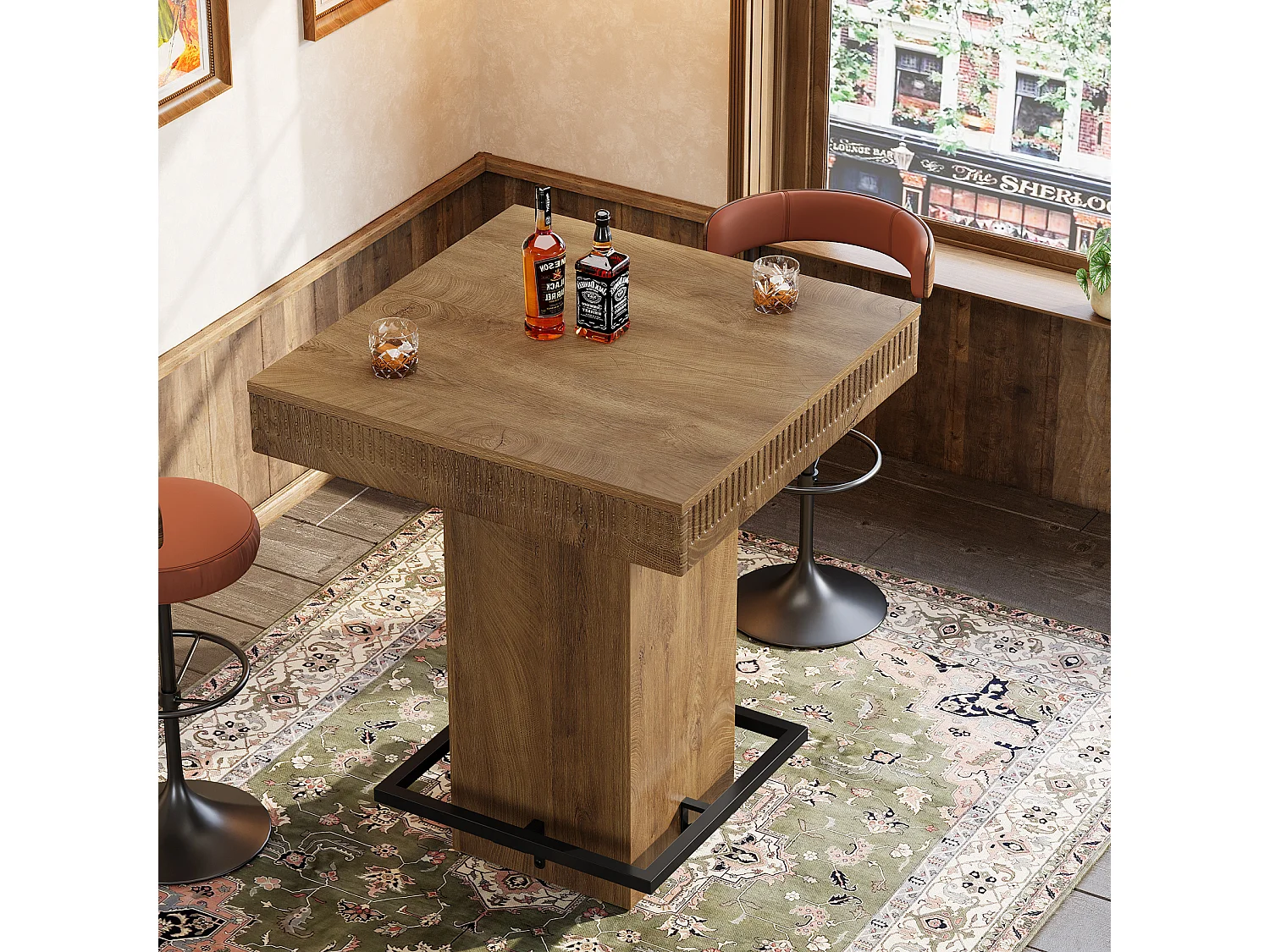 Table de bar carrée avec repose-pieds en métal, style industriel, haute table de bistrot/pub/cocktail