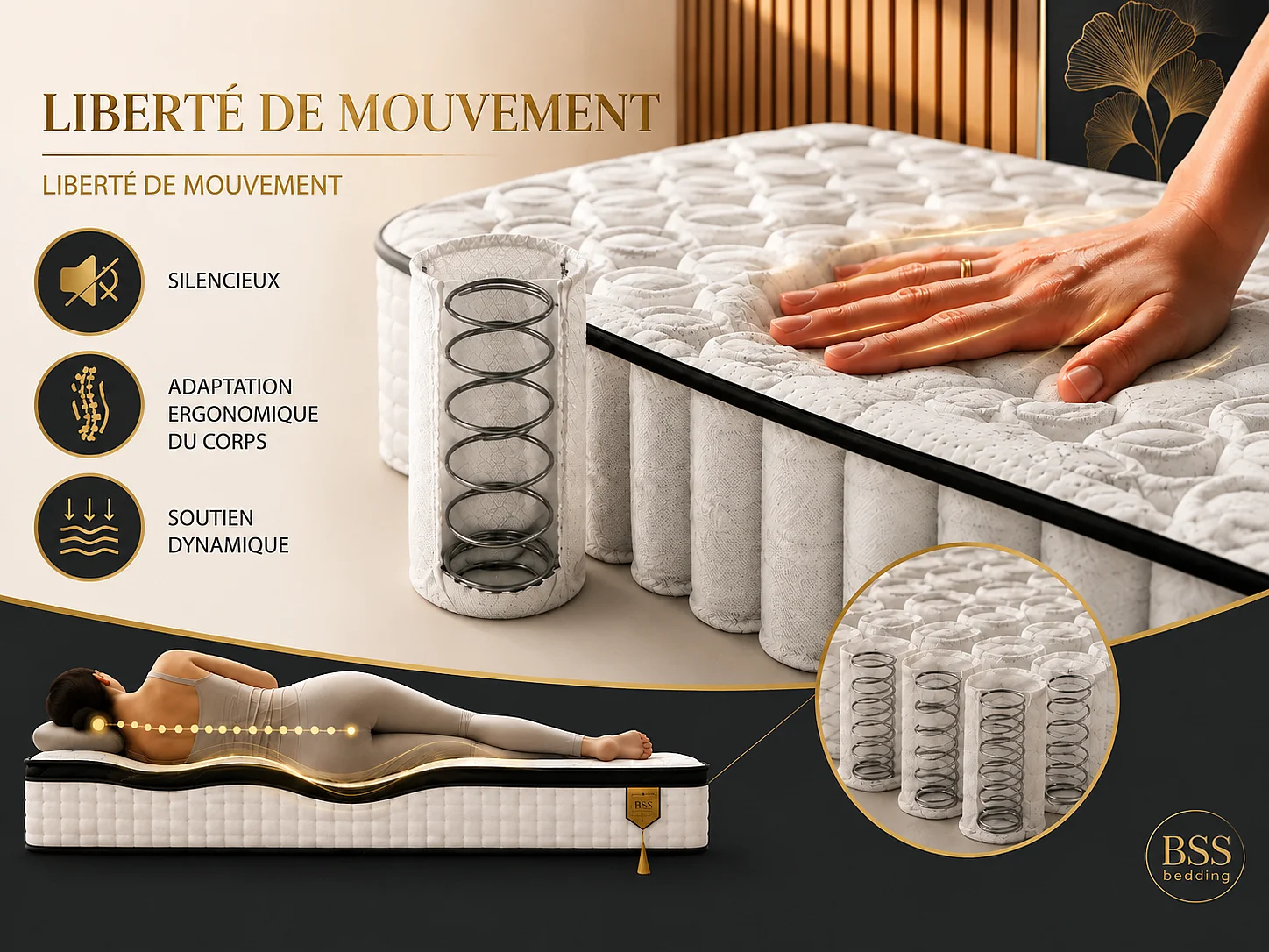 BSS BEDDING Matelas Paris Cashmere 140x200 cm H4, Ressorts ensachés, 33 cm + surmatelas intégré, 7 zones, Oeko-TEX, hypoallergénique