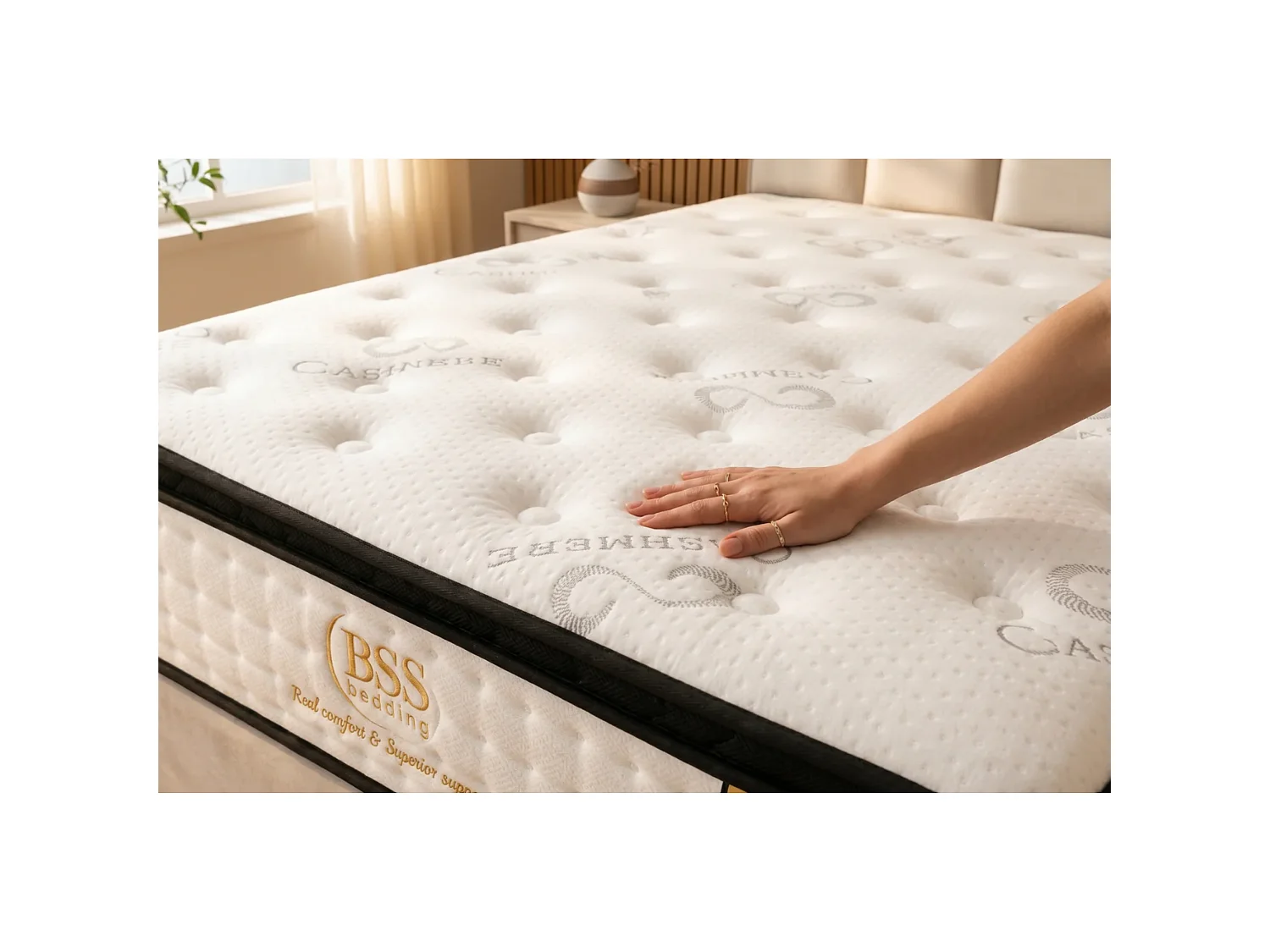 BSS BEDDING Matelas Paris Cashmere 140x200 cm H4, Ressorts ensachés, 33 cm + surmatelas intégré, 7 zones, Oeko-TEX, hypoallergénique