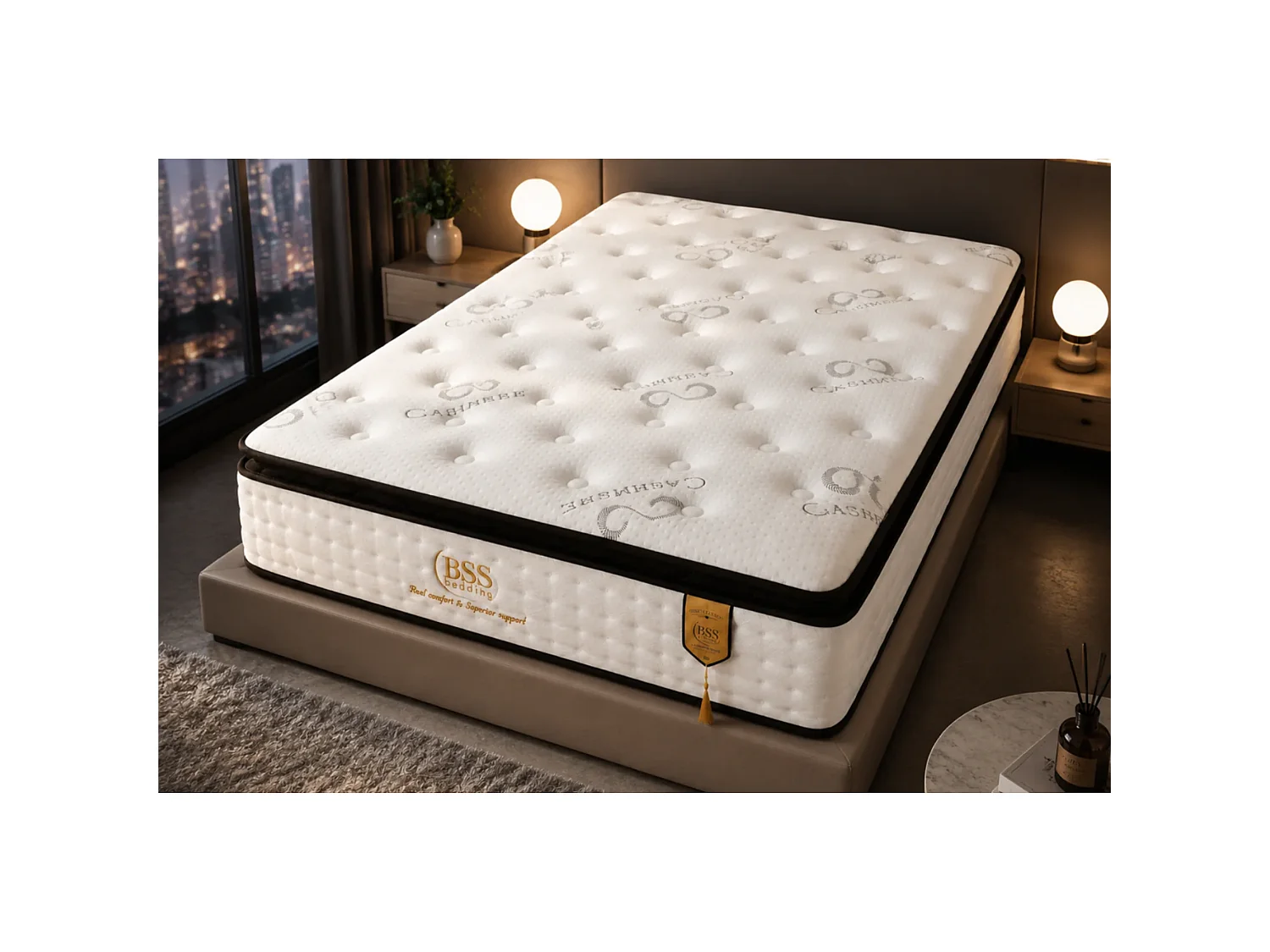 BSS BEDDING Matelas Paris Cashmere 140x200 cm H4, Ressorts ensachés, 33 cm + surmatelas intégré, 7 zones, Oeko-TEX, hypoallergénique
