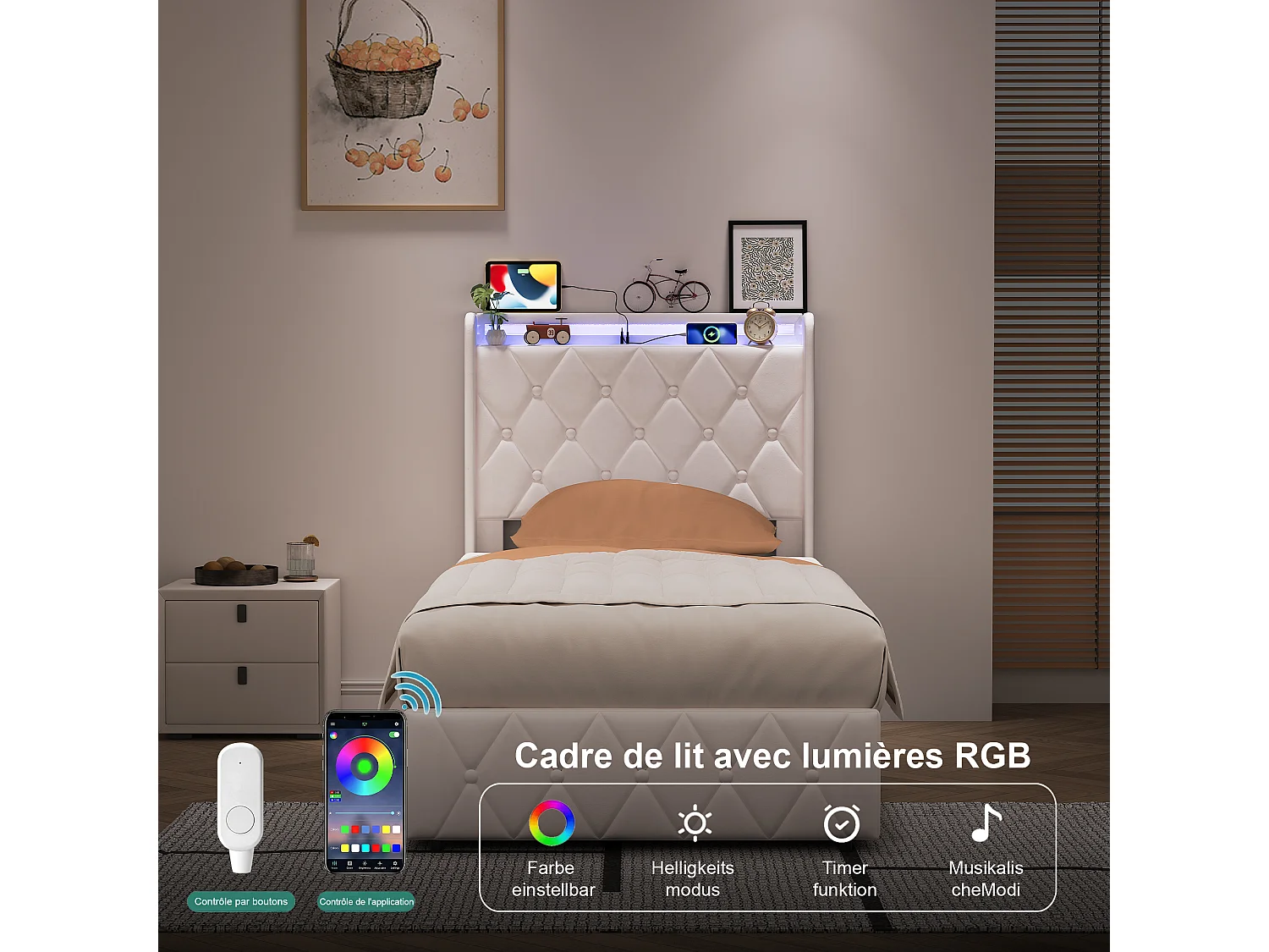 Lit Coffre 90x200cm avec Éclairage LED et USB/Type-C- Tête de lit Rembourré - Lit 1 place avec sommier- Velours Blanc - pour adulte