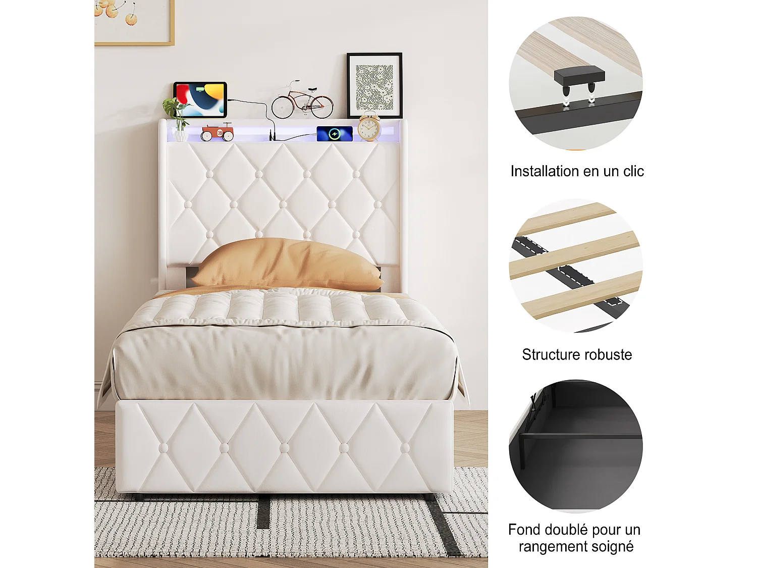 Lit Coffre 90x200cm avec Éclairage LED et USB/Type-C- Tête de lit Rembourré - Lit 1 place avec sommier- Velours Blanc - pour adulte