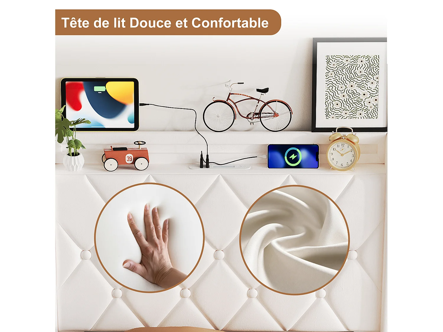 Lit Coffre 90x200cm avec Éclairage LED et USB/Type-C- Tête de lit Rembourré - Lit 1 place avec sommier- Velours Blanc - pour adulte