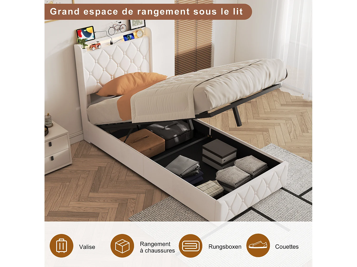Lit Coffre 90x200cm avec Éclairage LED et USB/Type-C- Tête de lit Rembourré - Lit 1 place avec sommier- Velours Blanc - pour adulte