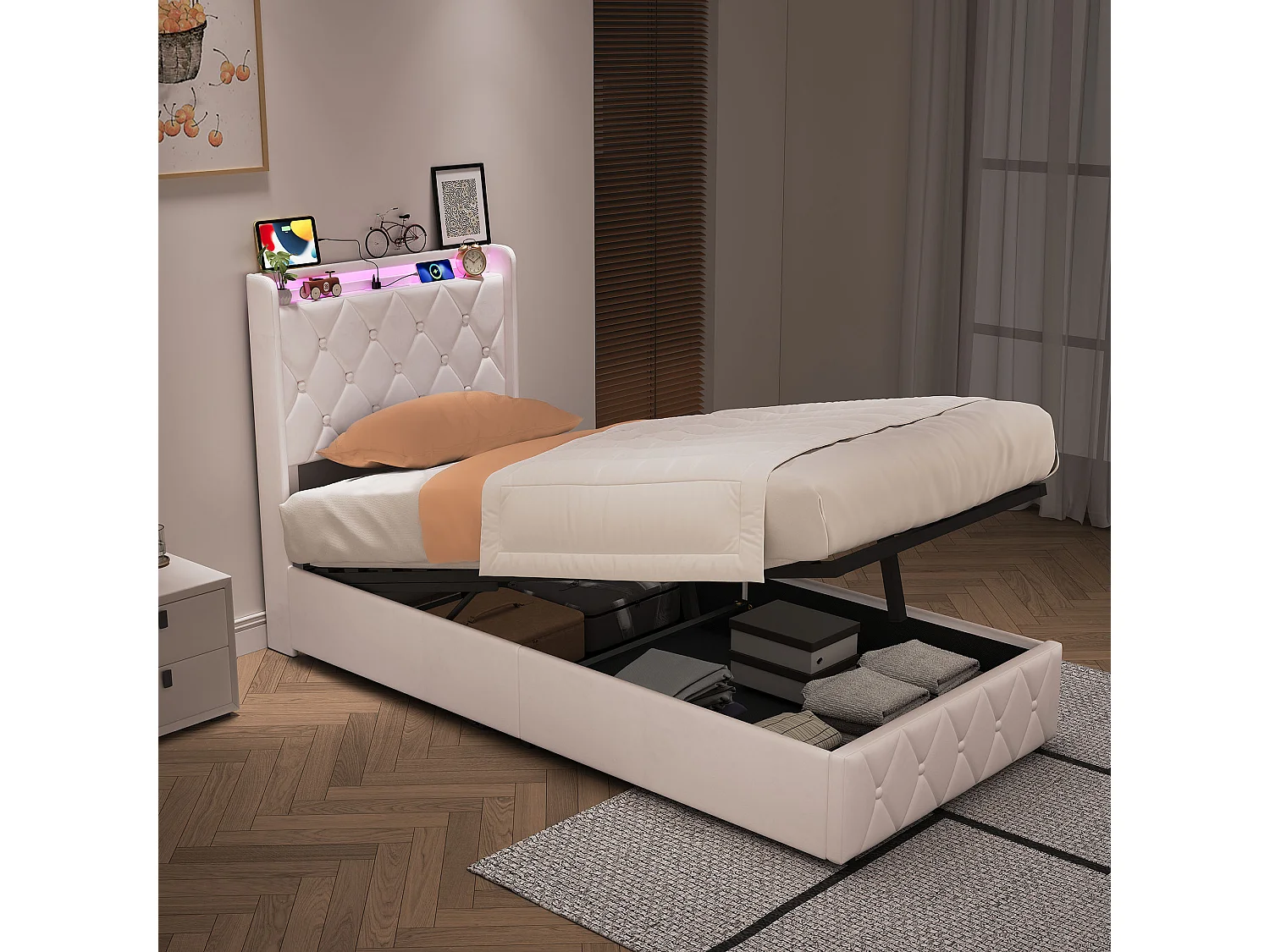 Lit Coffre 90x200cm avec Éclairage LED et USB/Type-C- Tête de lit Rembourré - Lit 1 place avec sommier- Velours Blanc - pour adulte