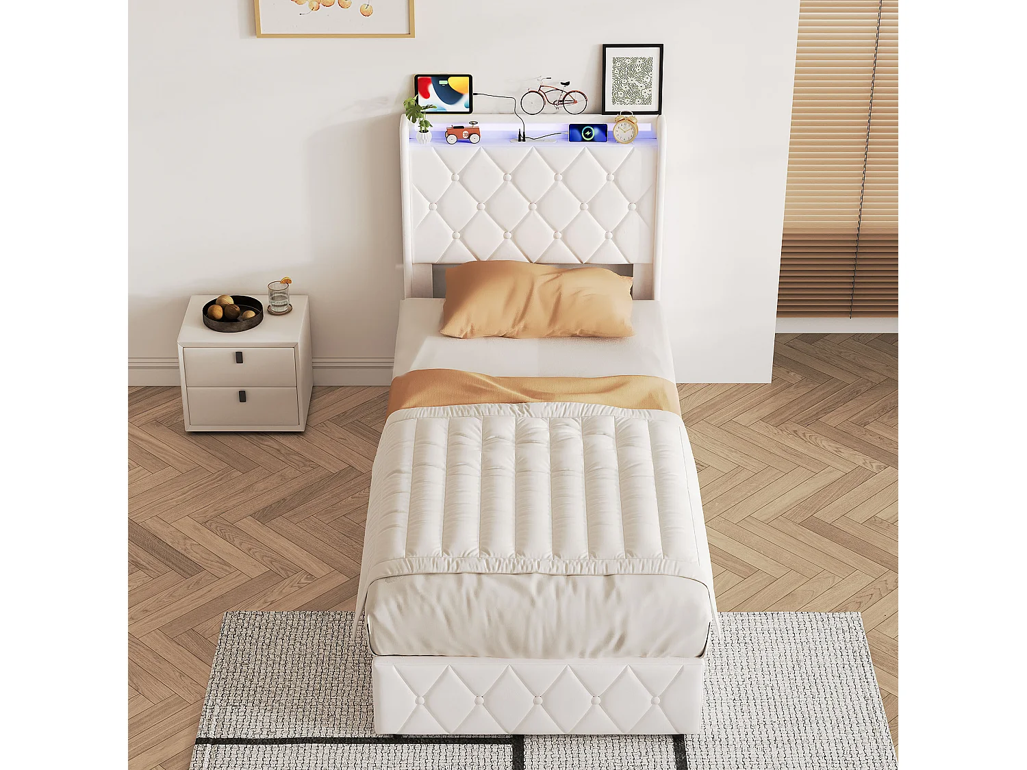 Lit Coffre 90x200cm avec Éclairage LED et USB/Type-C- Tête de lit Rembourré - Lit 1 place avec sommier- Velours Blanc - pour adulte
