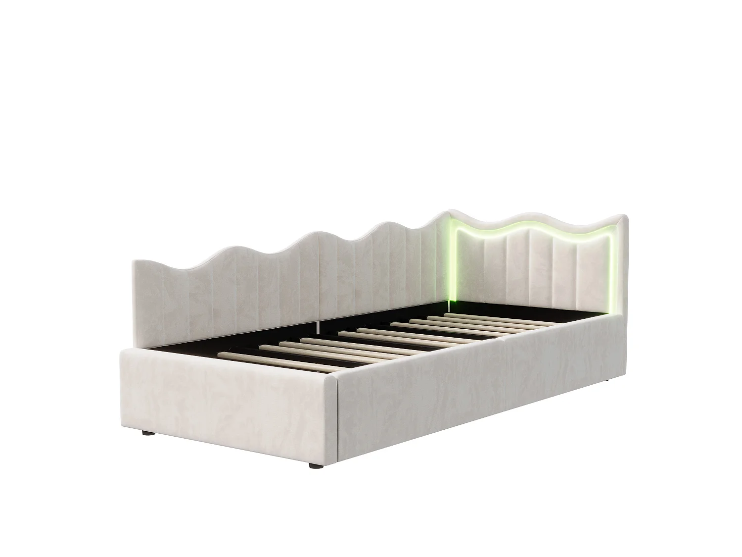 Lit coffre 90x200 cm beige avec tête de lit rembourrée, banquette lit avec grand rangement, LED intégrée, sommier relevable