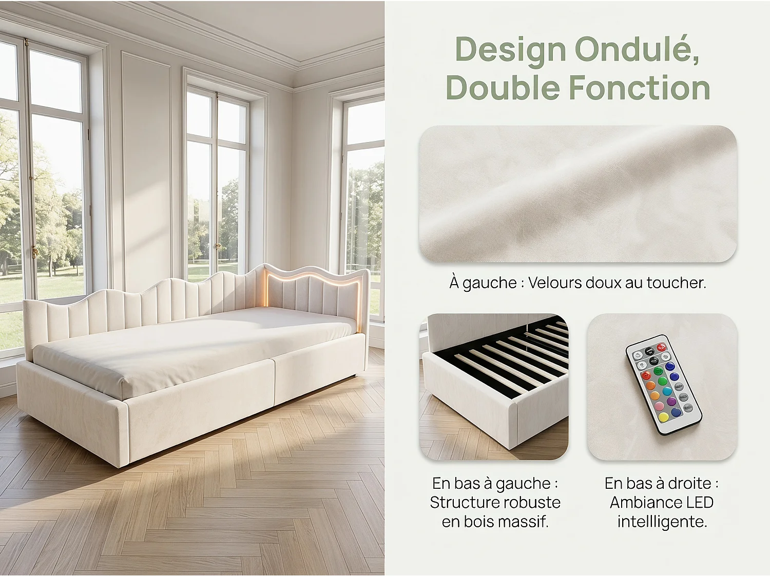 Lit coffre 90x200 cm beige avec tête de lit rembourrée, banquette lit avec grand rangement, LED intégrée, sommier relevable