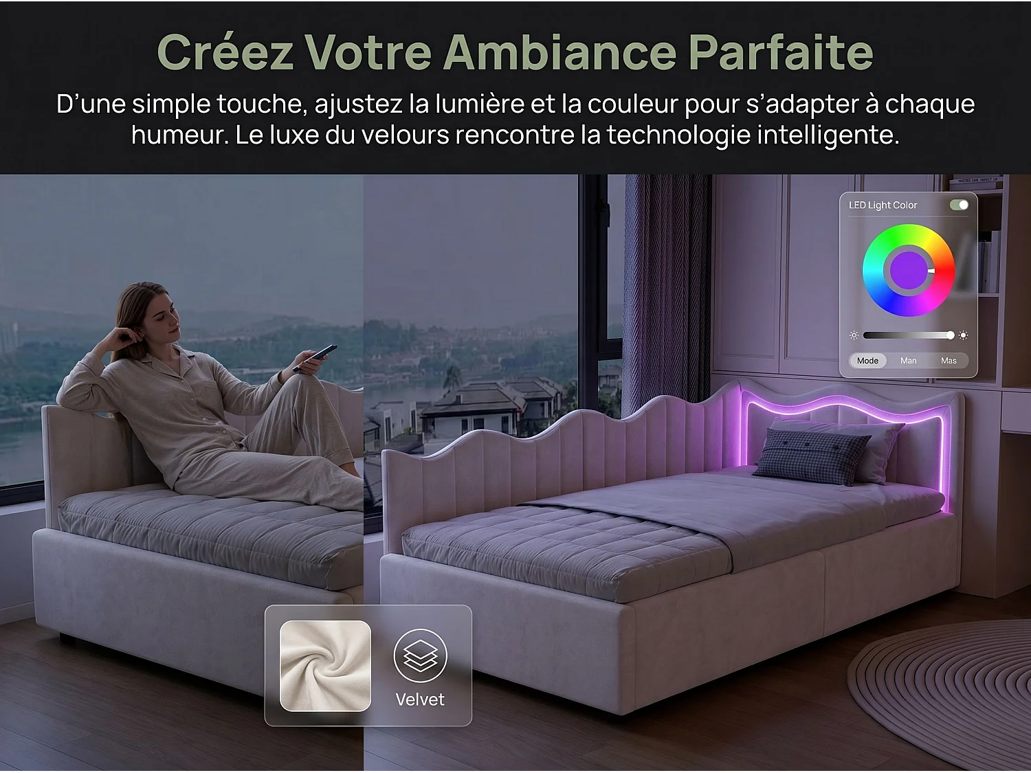 Lit coffre 90x200 cm beige avec tête de lit rembourrée, banquette lit avec grand rangement, LED intégrée, sommier relevable