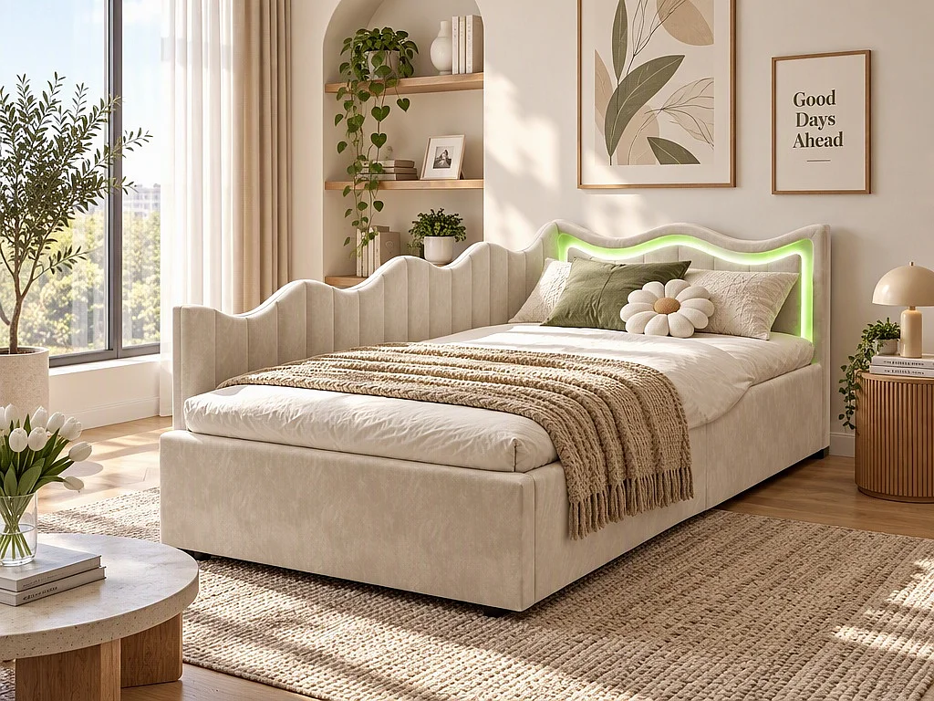 Lit coffre 90x200 cm beige avec tête de lit rembourrée, banquette lit avec grand rangement, LED intégrée, sommier relevable