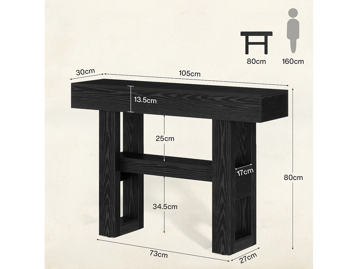 Console de 105 cm, style rustique, avec rangement à 2 niveaux, idéale pour un hall d'entrée, un salon ou un couloir, couleur noire