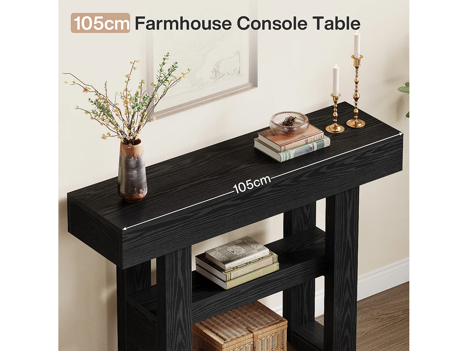 Console de 105 cm, style rustique, avec rangement à 2 niveaux, idéale pour un hall d'entrée, un salon ou un couloir, couleur noire