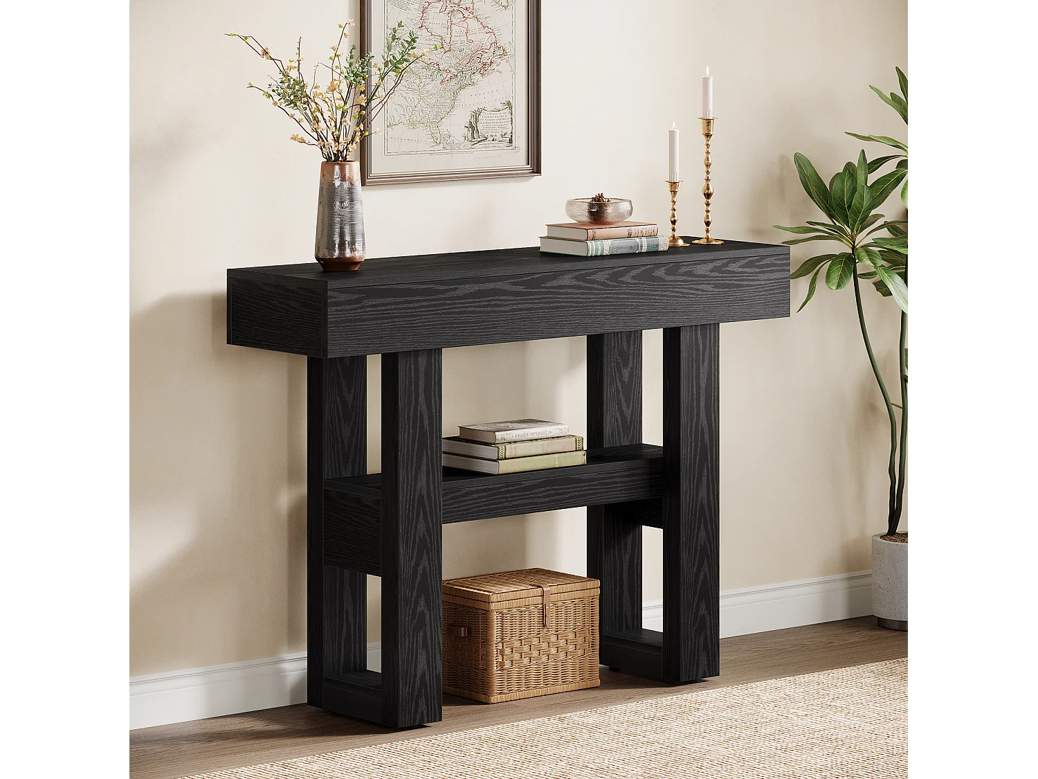Console de 105 cm, style rustique, avec rangement à 2 niveaux, idéale pour un hall d'entrée, un salon ou un couloir, couleur noire
