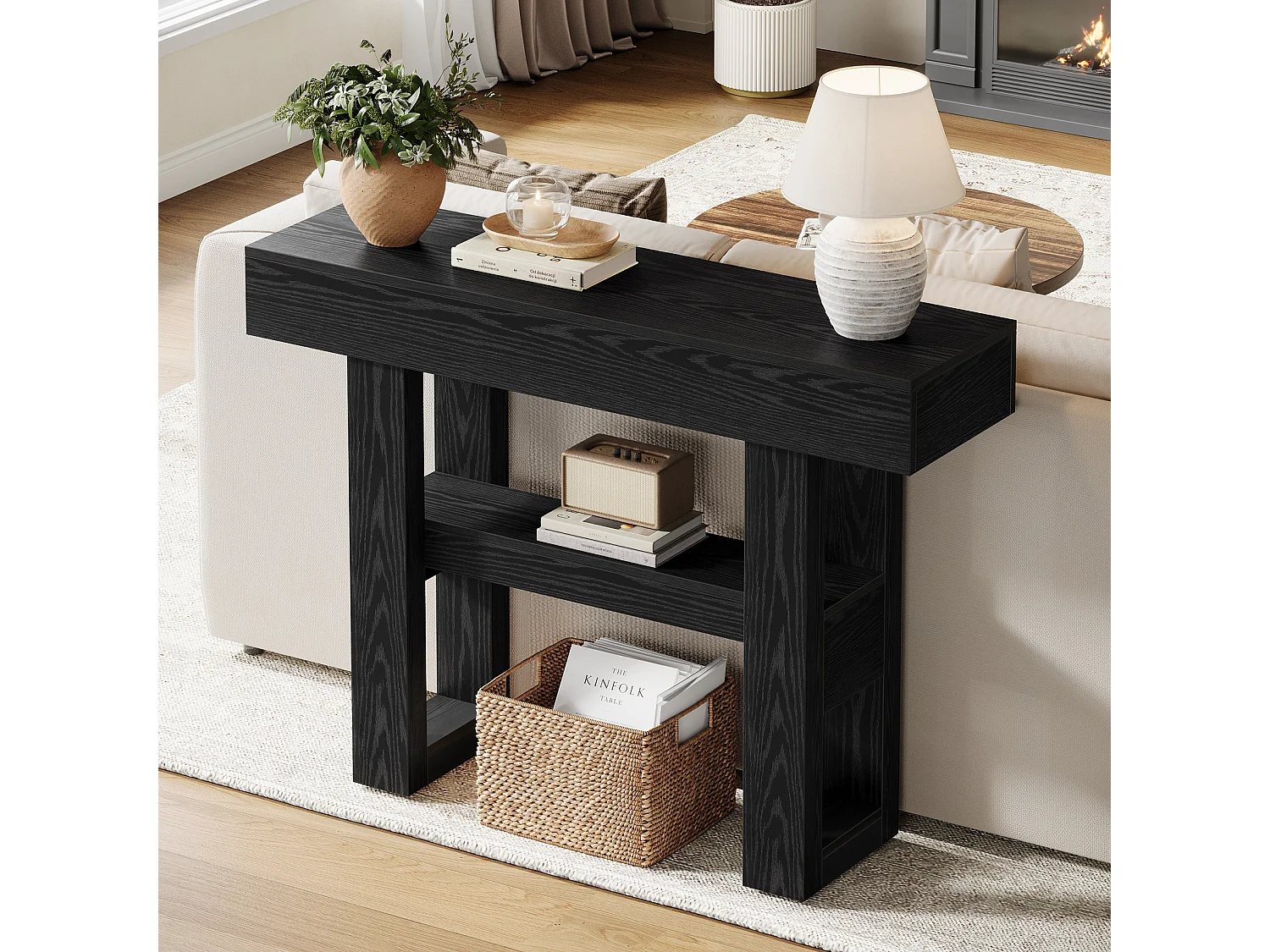 Console de 105 cm, style rustique, avec rangement à 2 niveaux, idéale pour un hall d'entrée, un salon ou un couloir, couleur noire
