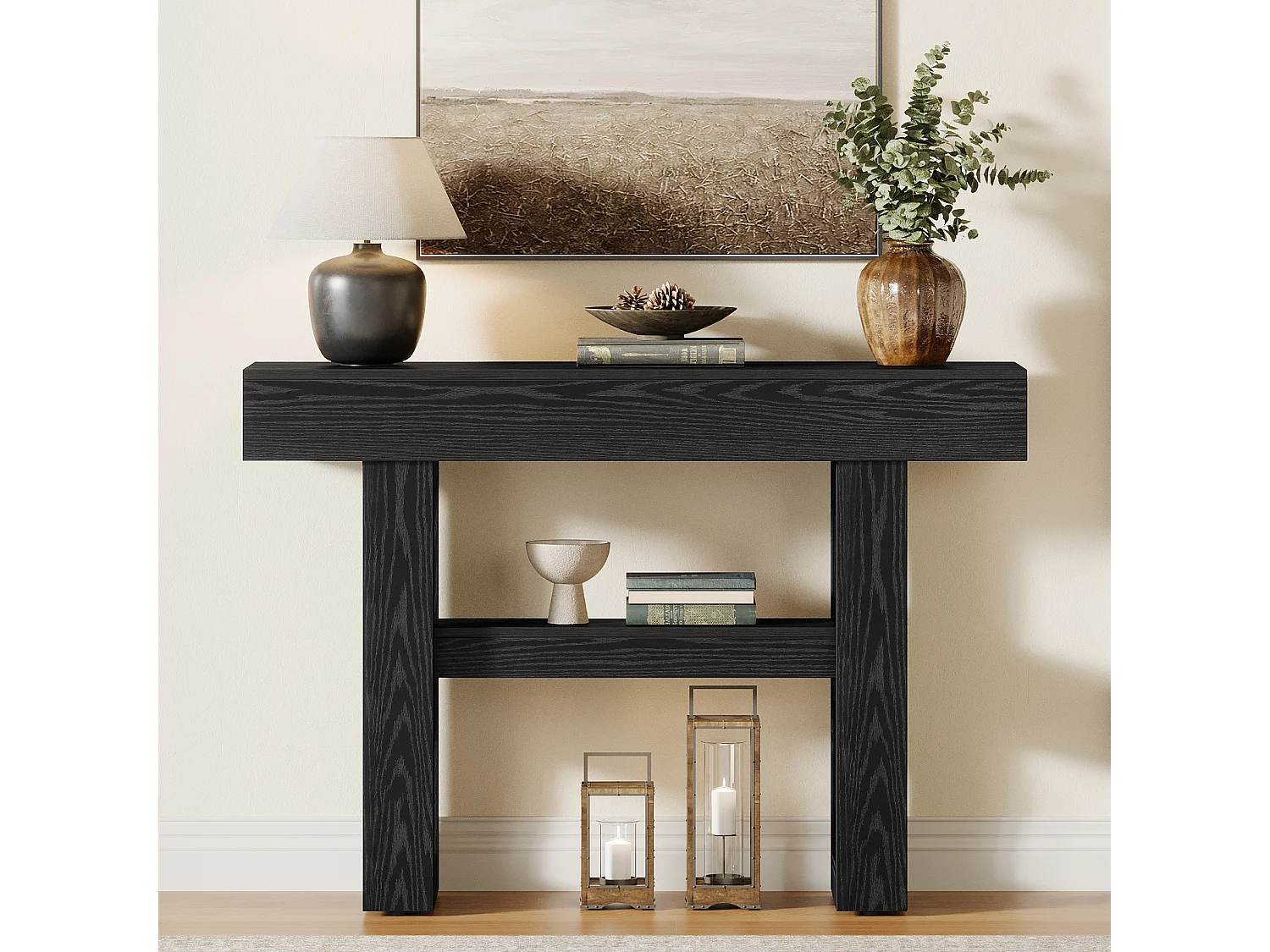 Console de 105 cm, style rustique, avec rangement à 2 niveaux, idéale pour un hall d'entrée, un salon ou un couloir, couleur noire