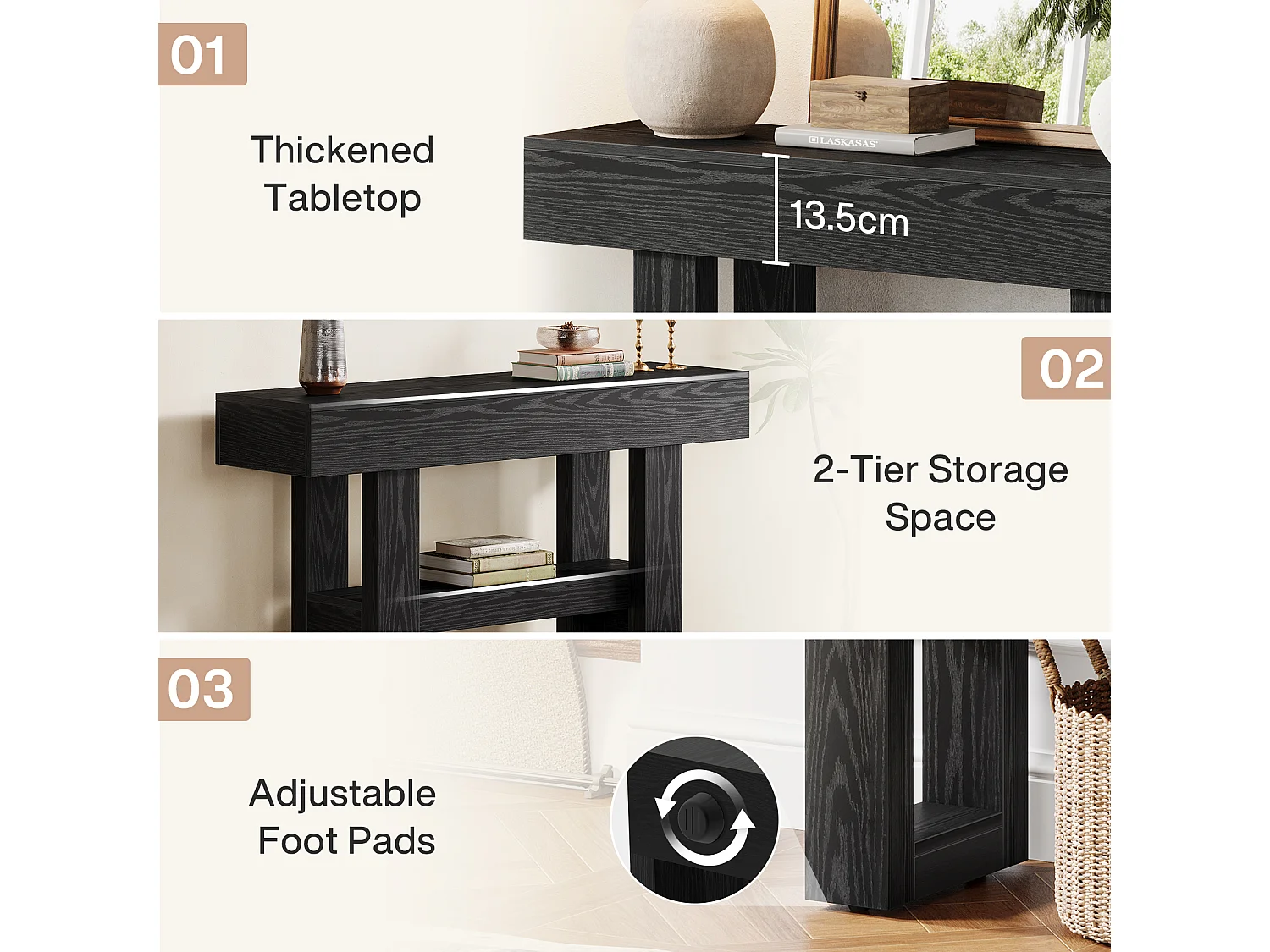 Console de 105 cm, style rustique, avec rangement à 2 niveaux, idéale pour un hall d'entrée, un salon ou un couloir, couleur noire