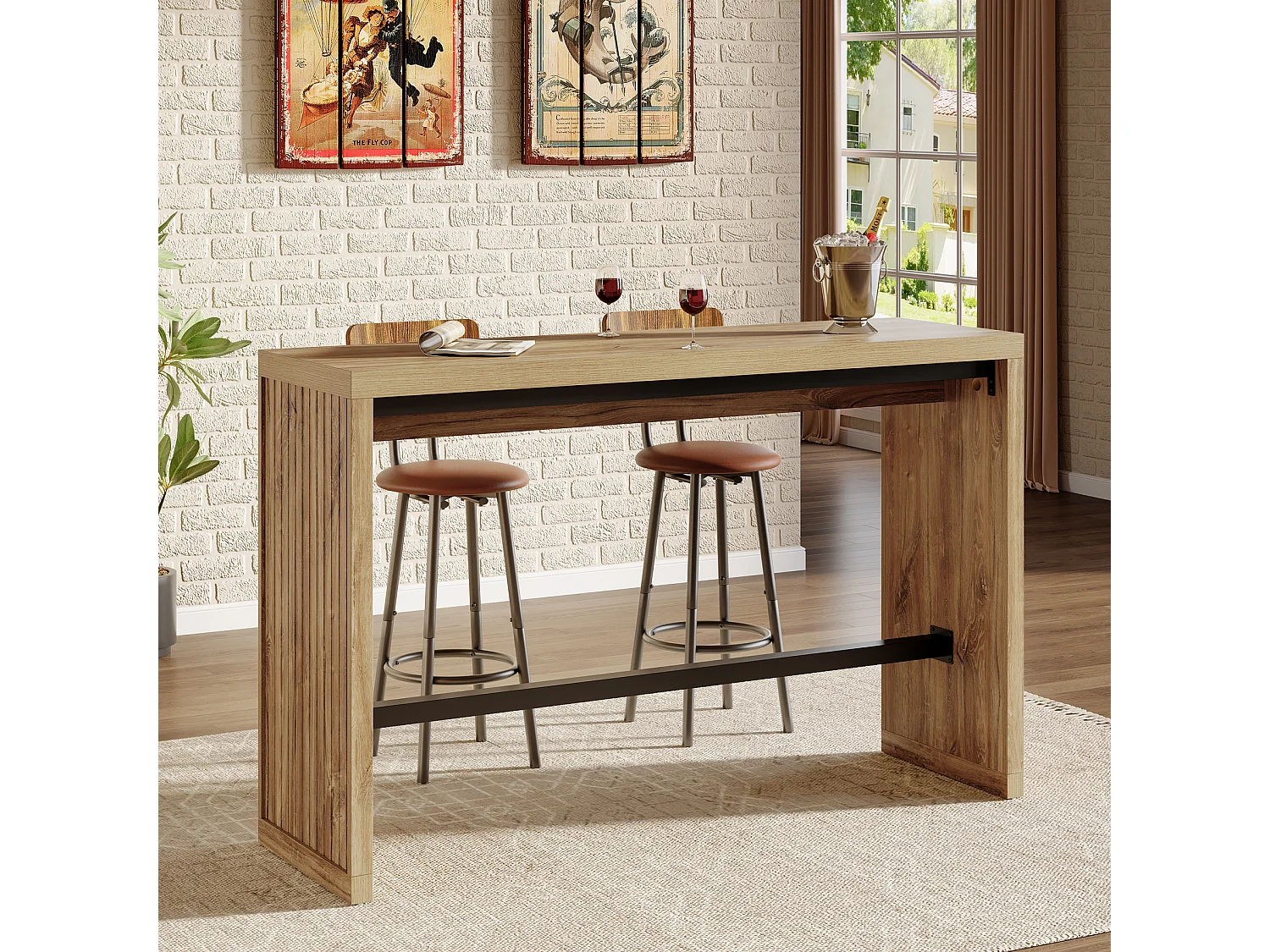 Table de bar, table de comptoir de 140 cm avec repose-pieds en métal, meuble de salle à manger rectangulaire haut