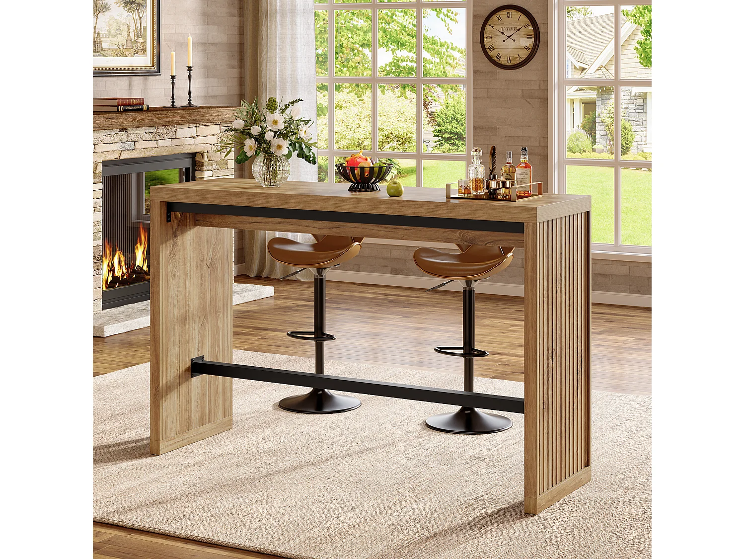 Table de bar, table de comptoir de 140 cm avec repose-pieds en métal, meuble de salle à manger rectangulaire haut