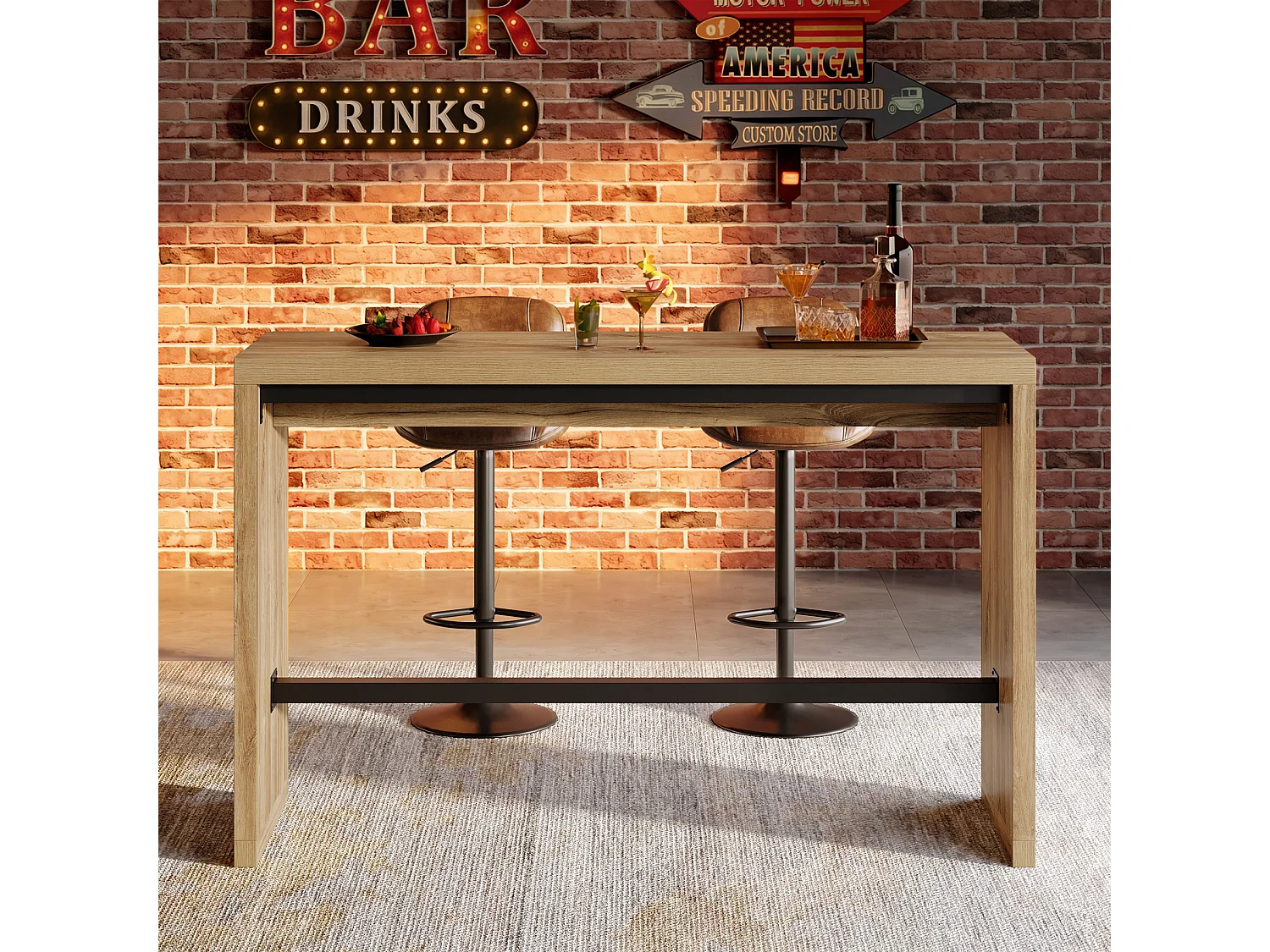 Table de bar, table de comptoir de 140 cm avec repose-pieds en métal, meuble de salle à manger rectangulaire haut