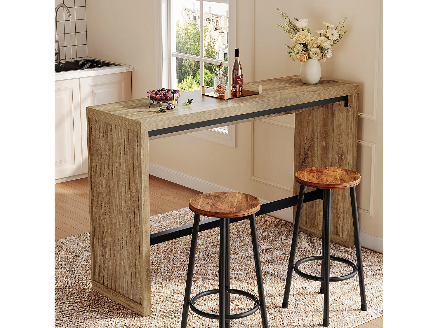 Table de bar, table de comptoir de 140 cm avec repose-pieds en métal, meuble de salle à manger rectangulaire haut